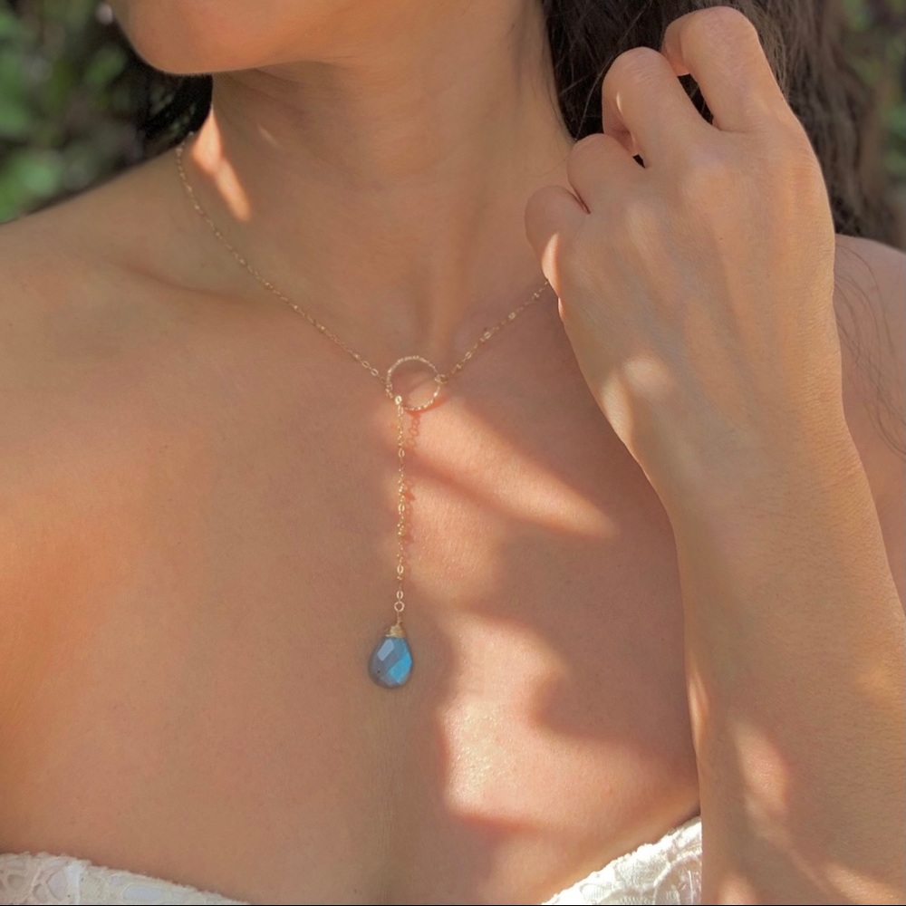 Labradorite Dainty Chain Circle Lariat